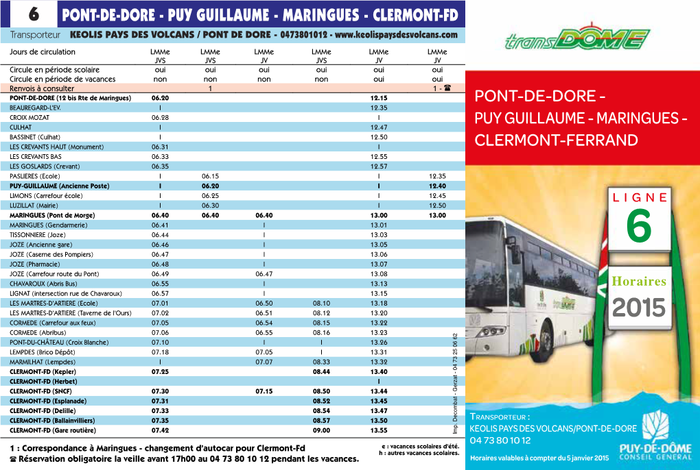 PUY GUILLAUME - MARINGUES - CLERMONT-FD Transporteur KEOLIS PAYS DES VOLCANS / PONT DE DORE - 0473801012