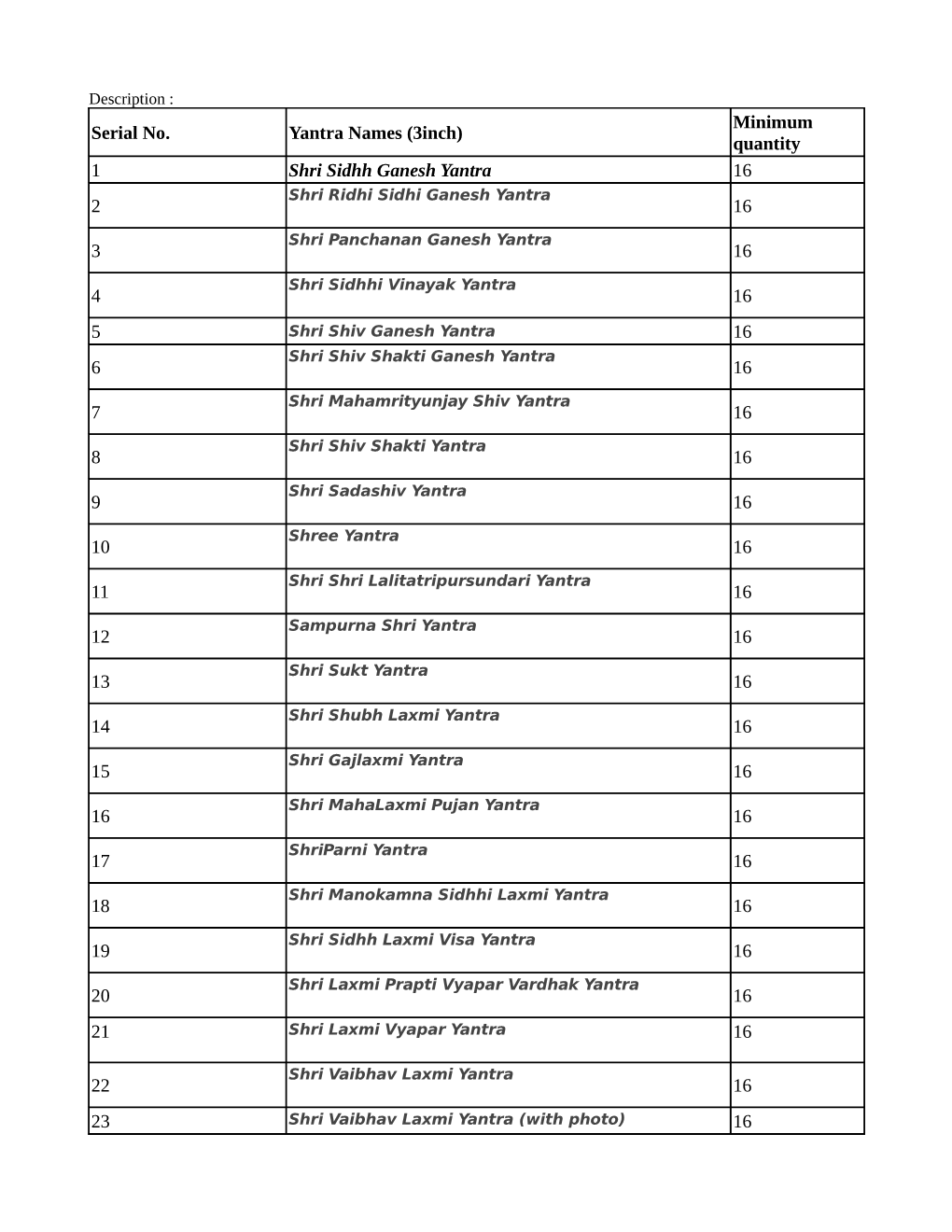 Serial No. Yantra Names (3Inch) Minimum Quantity 1 Shri Sidhh Ganesh Yantra 16 2 16 3 16 4 16 5 16 6 16 7 16 8 16 9 16 10 16 11