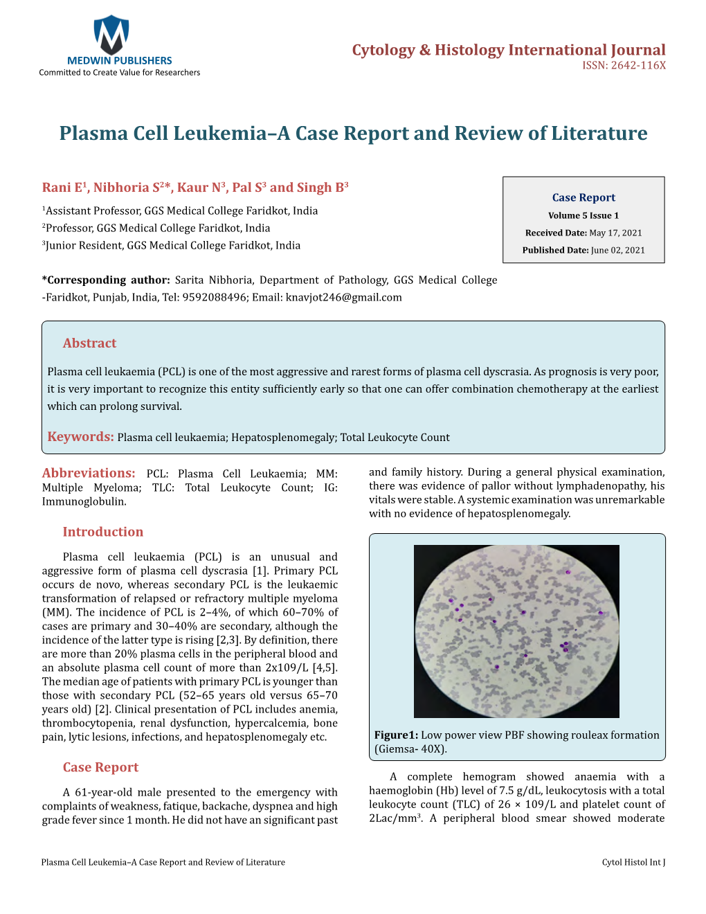 Nibhoria S, Et Al. Plasma Cell Leukemia–A Case Report and Review of Literature