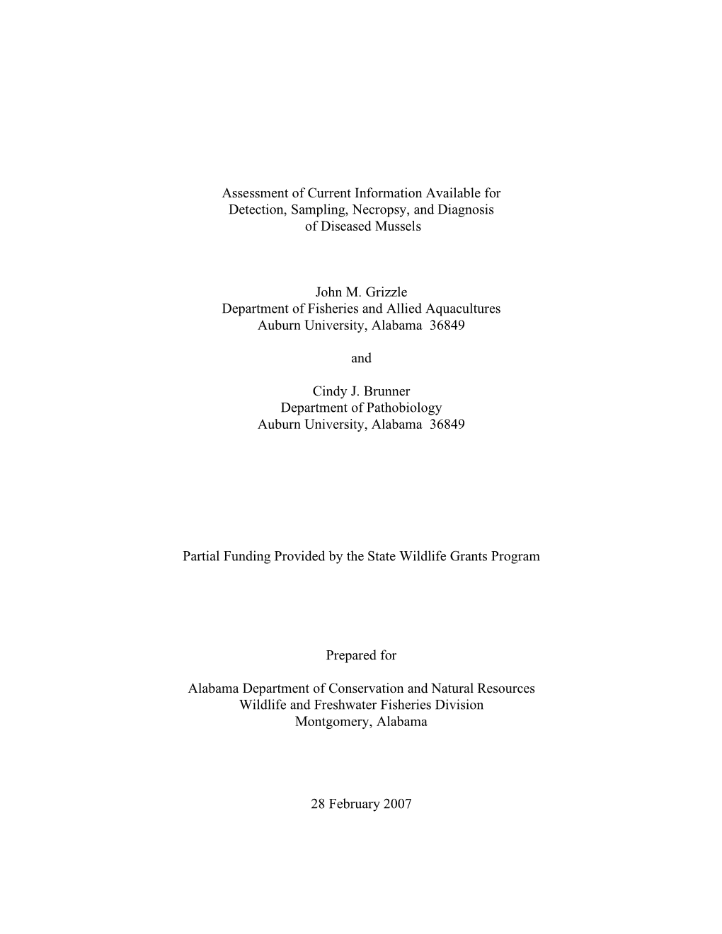 Assessment of Current Information Available for Detection, Sampling, Necropsy, and Diagnosis of Diseased Mussels