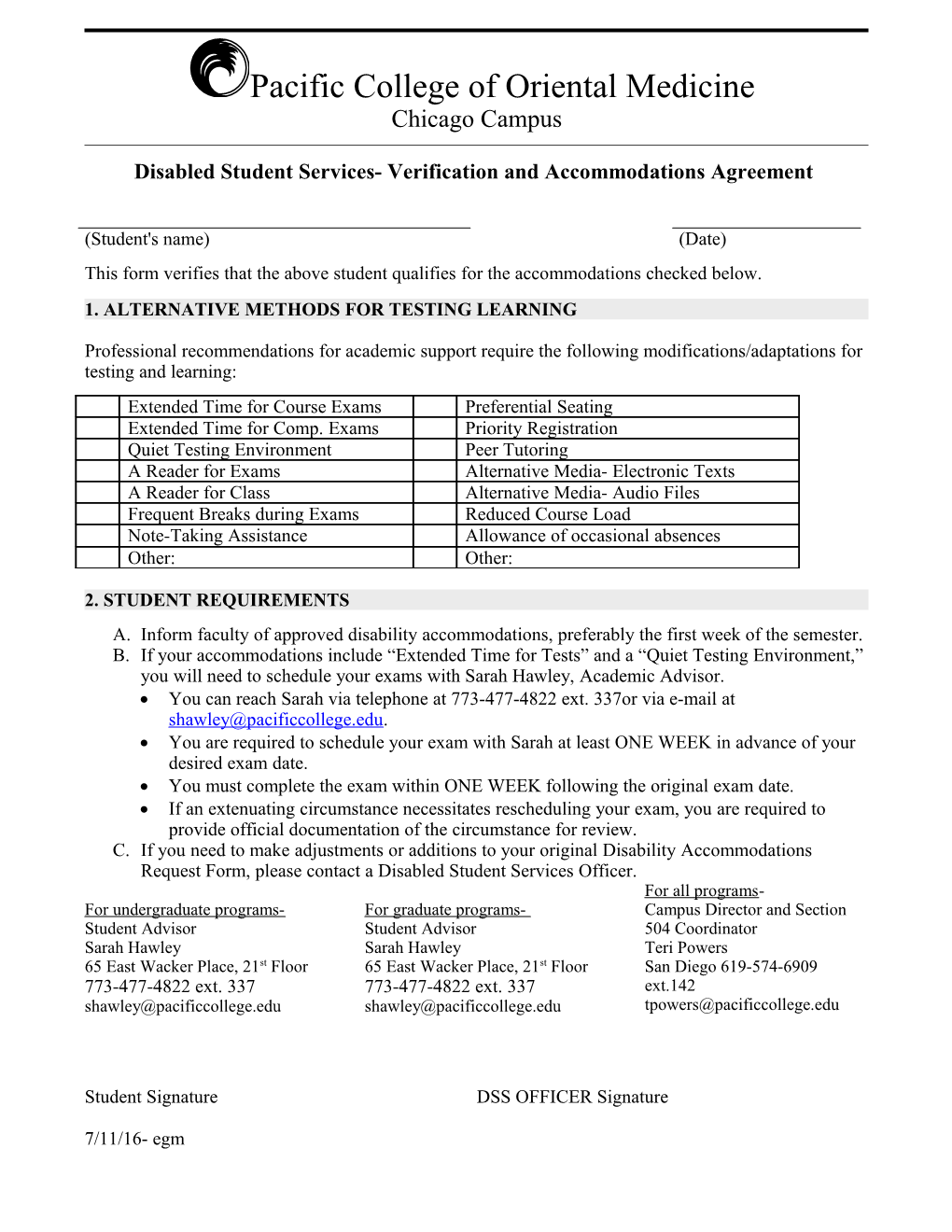 Disabled Student Services- Verification and Accommodations Agreement