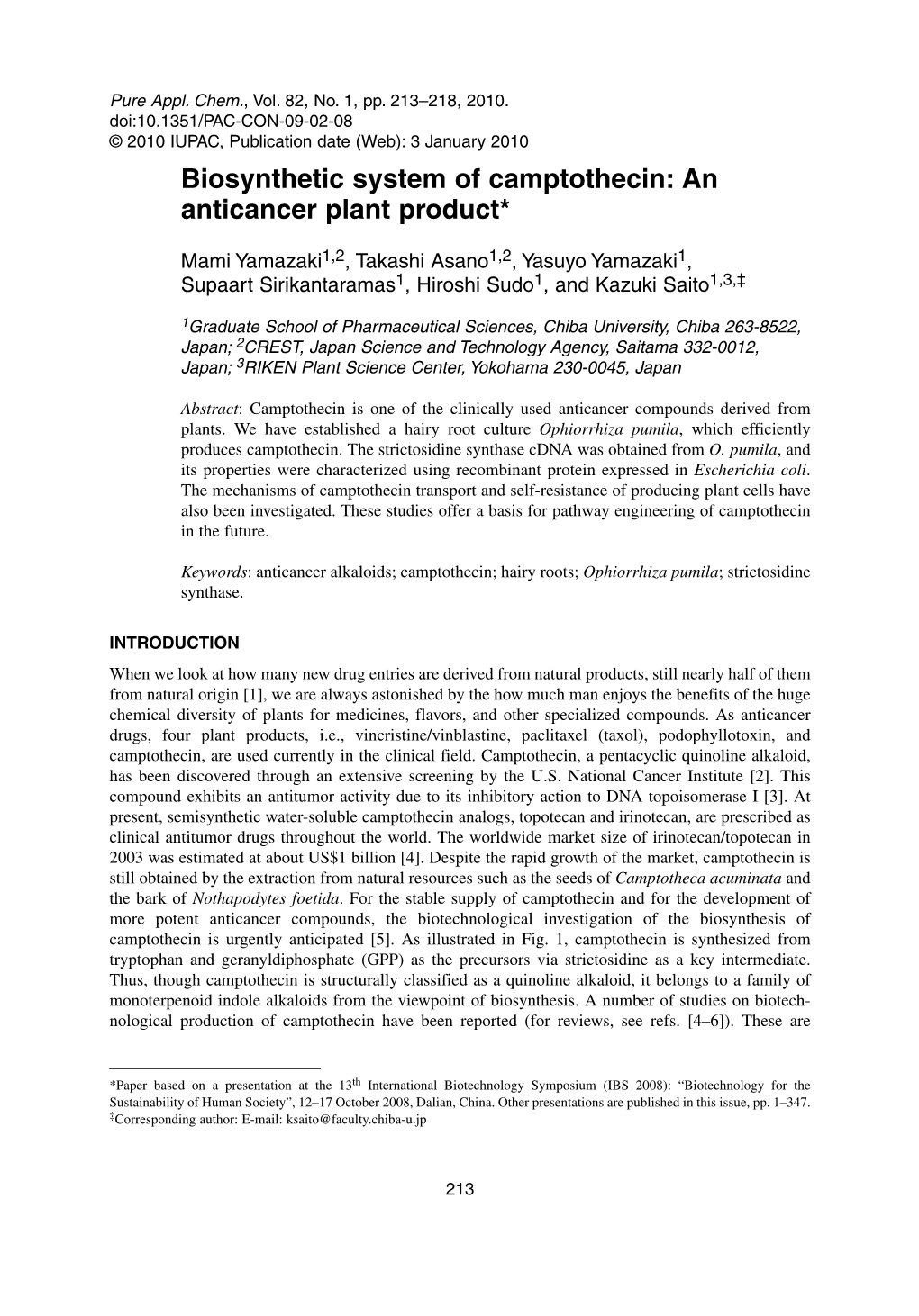 Biosynthetic System of Camptothecin: an Anticancer Plant Product*