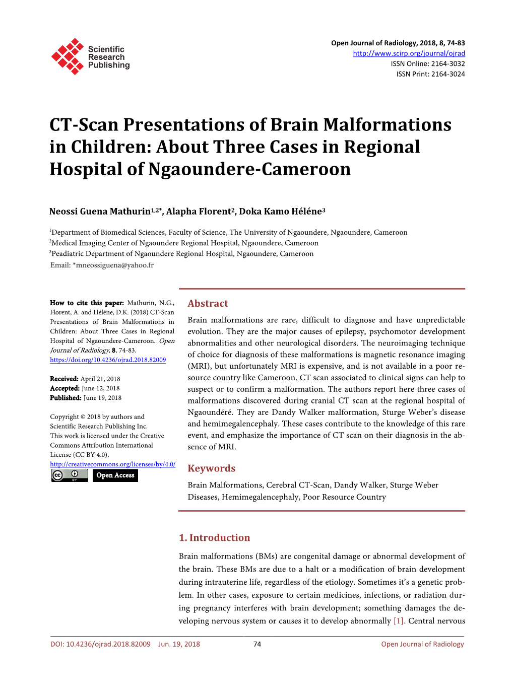 CT-Scan Presentations of Brain Malformations in Children: About Three Cases in Regional Hospital of Ngaoundere-Cameroon