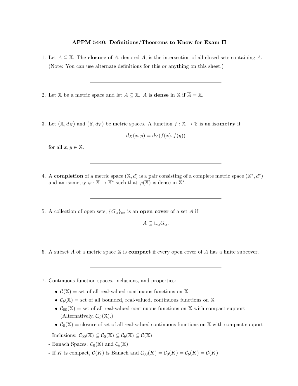 Definitions/Theorems to Know for Exam II 1. Let a ⊆ X. the Closure Of