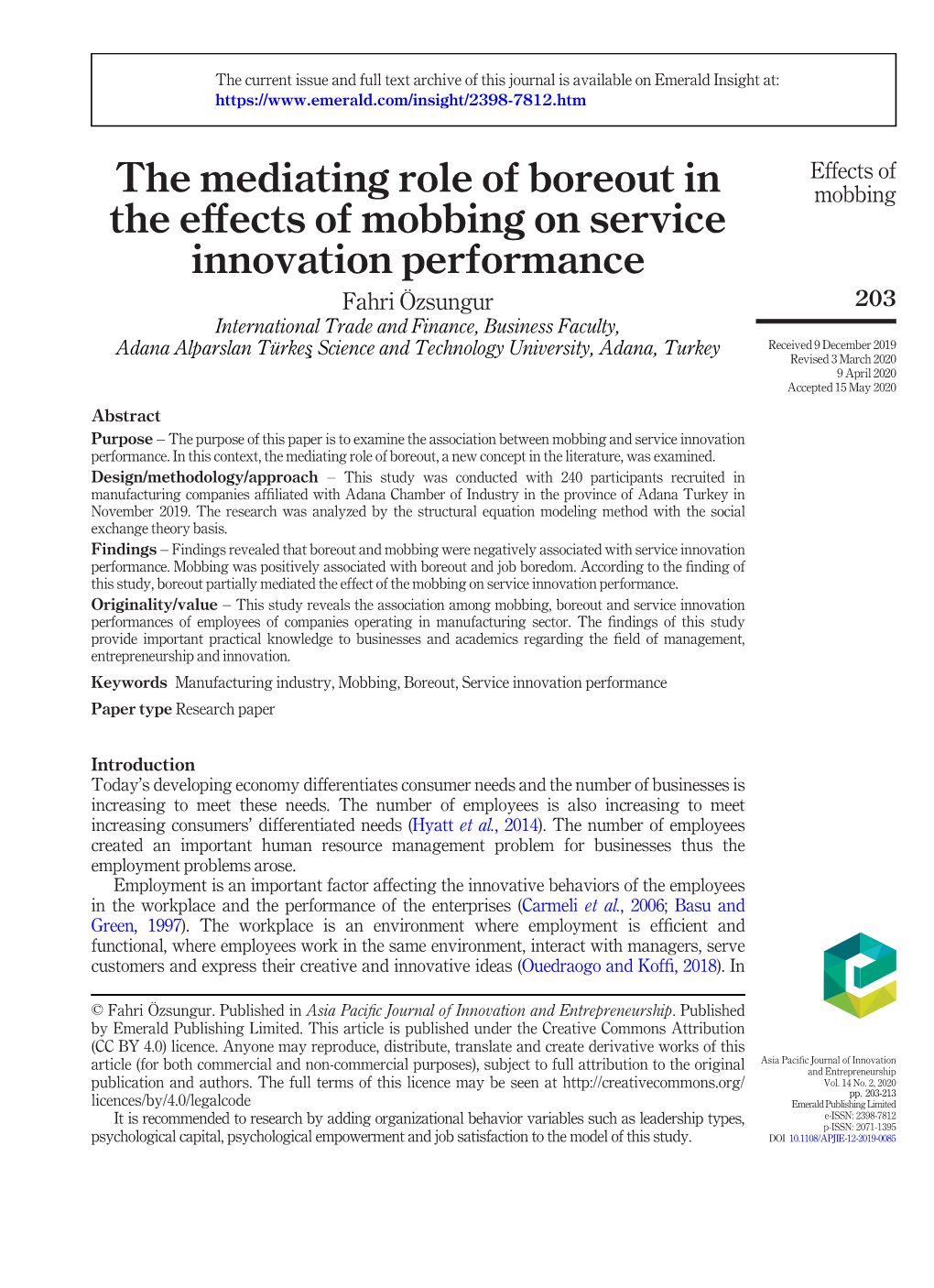 The Mediating Role of Boreout in the Effects of Mobbing on Service Innovation Performance