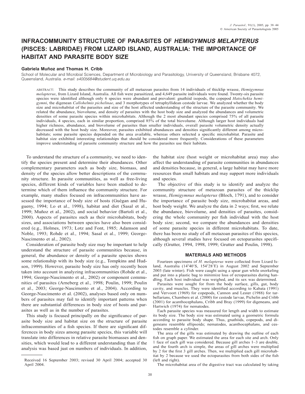 Infracommunity Structure of Parasites of Hemigymnus Melapterus (Pisces: Labridae) from Lizard Island, Australia: the Importance of Habitat and Parasite Body Size