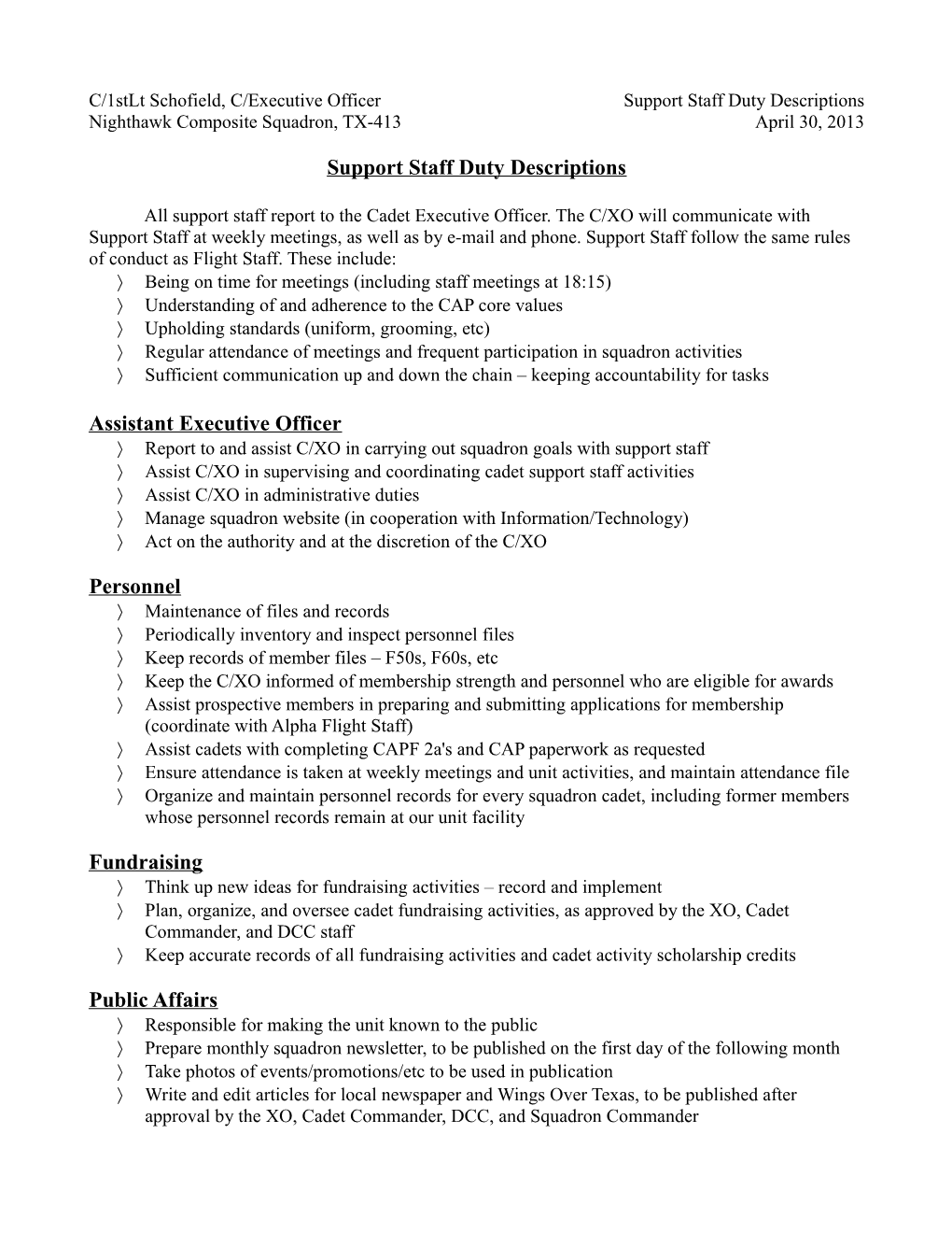 C/1Stlt Schofield, C/Executive Officer Support Staff Duty Descriptions