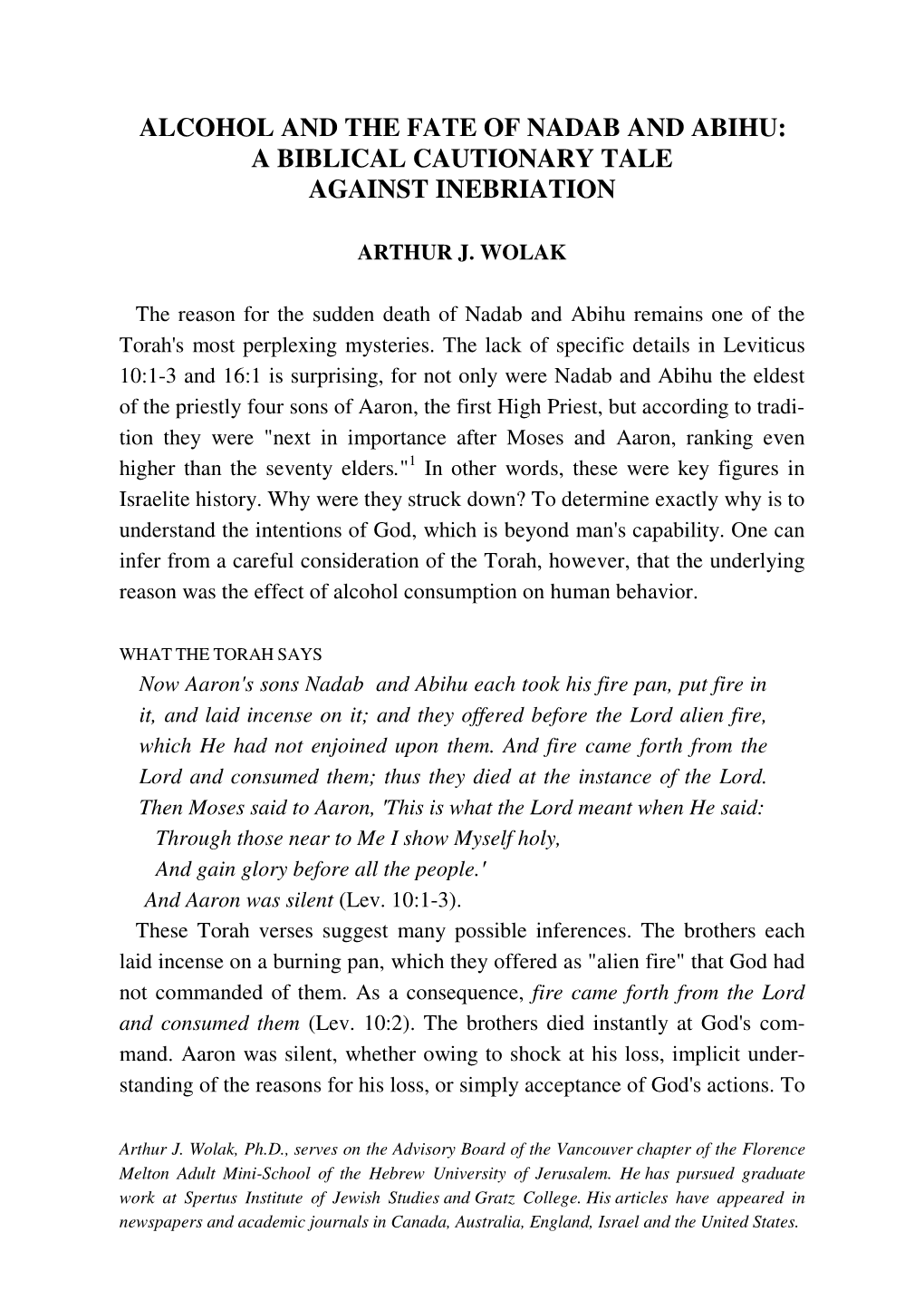 Alcohol and the Fate of Nadab and Abihu: a Biblical Cautionary Tale Against Inebriation