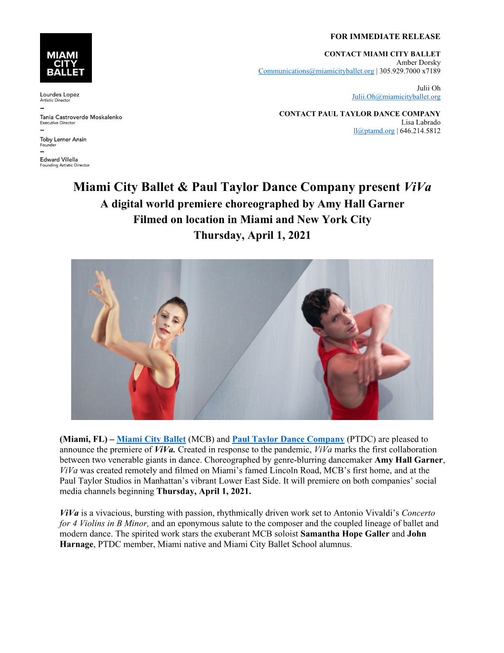 Miami City Ballet & Paul Taylor Dance Company Present Viva