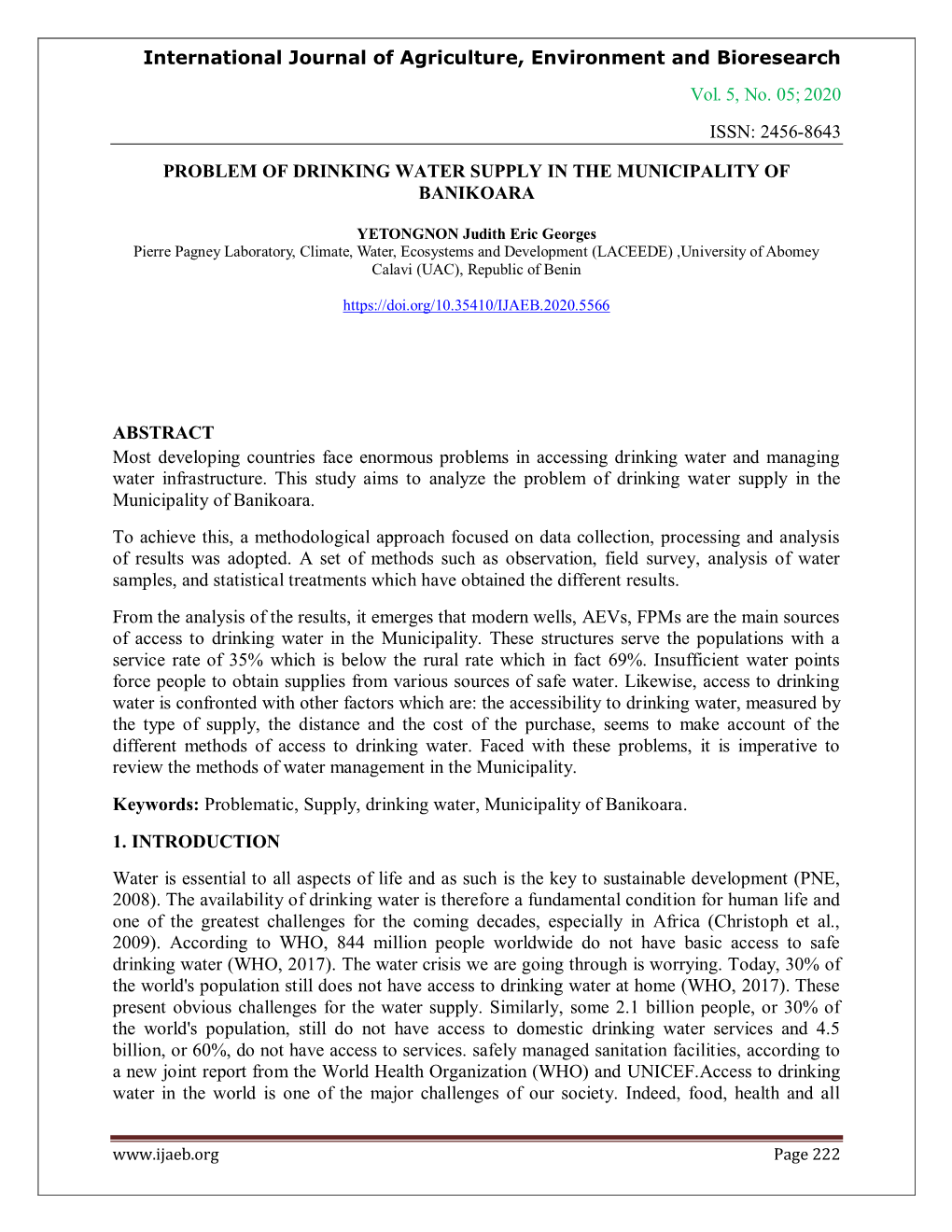 2020 Issn: 2456-8643 Problem of Drinking Water