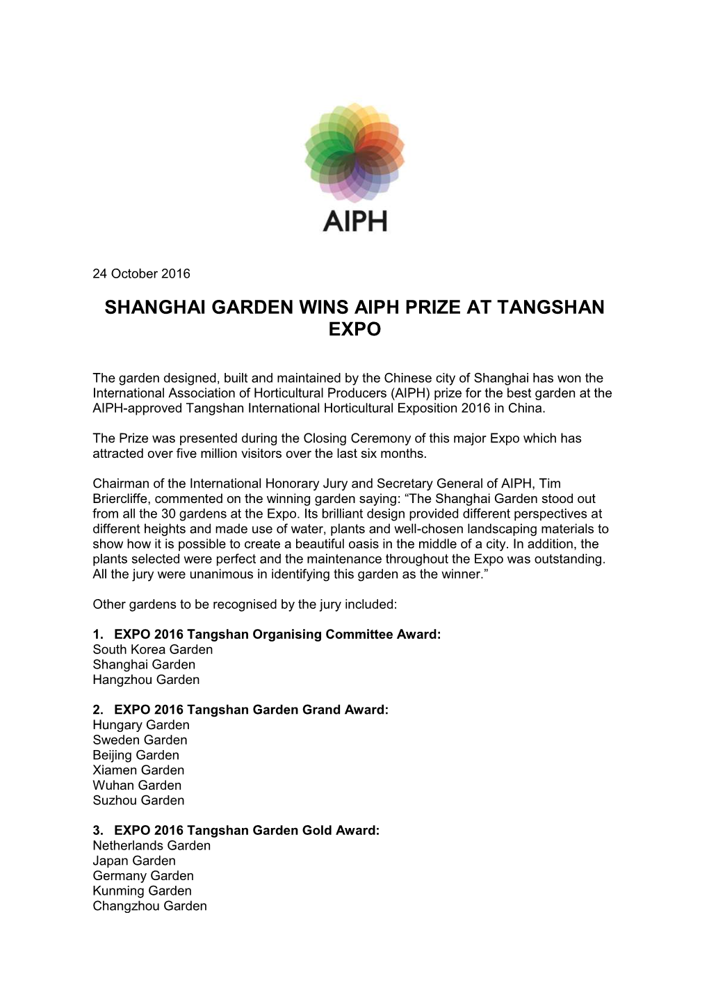Shanghai Garden Wins Aiph Prize at Tangshan Expo