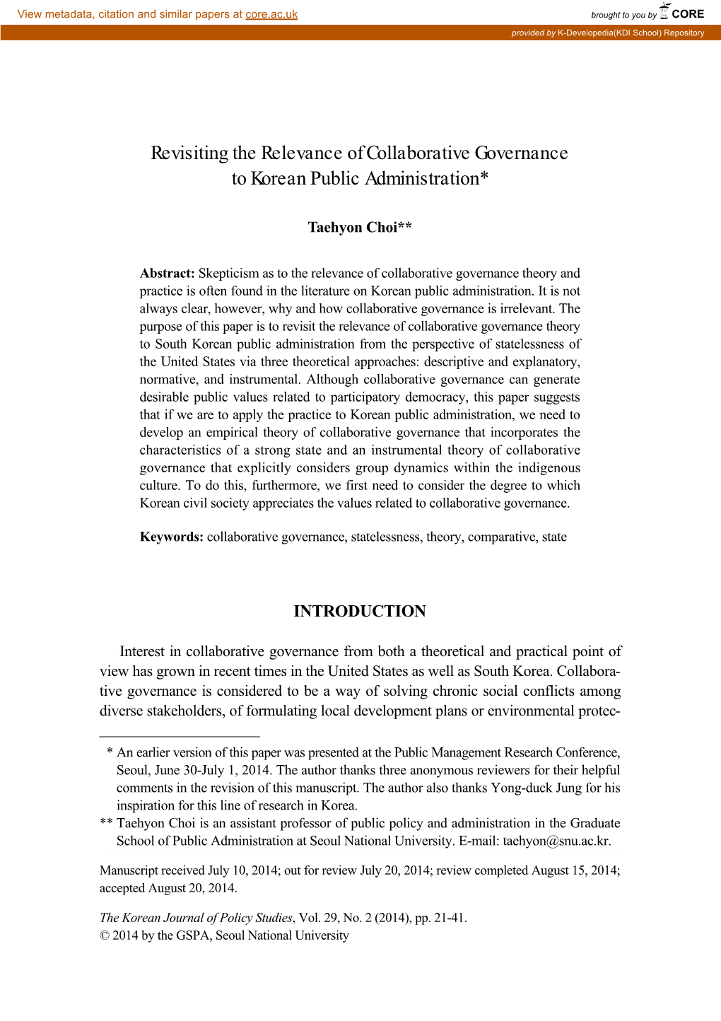 Revisiting the Relevance of Collaborative Governance to Korean Public Administration*