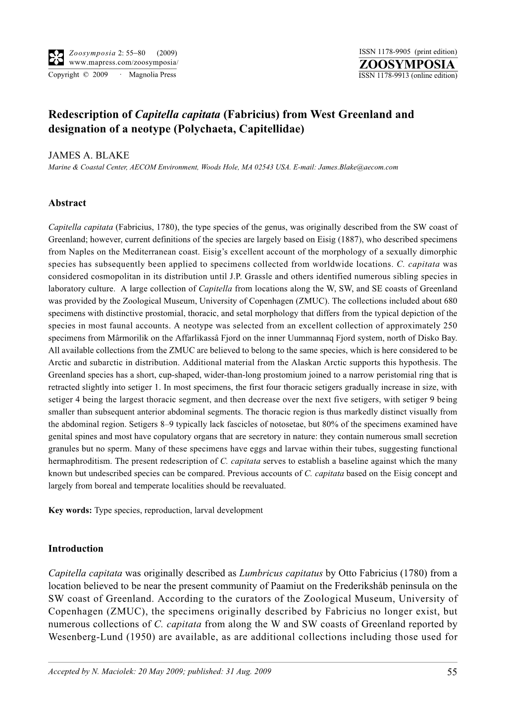 Redescription of Capitella Capitata (Fabricius) from West Greenland and Designation of a Neotype (Polychaeta, Capitellidae)