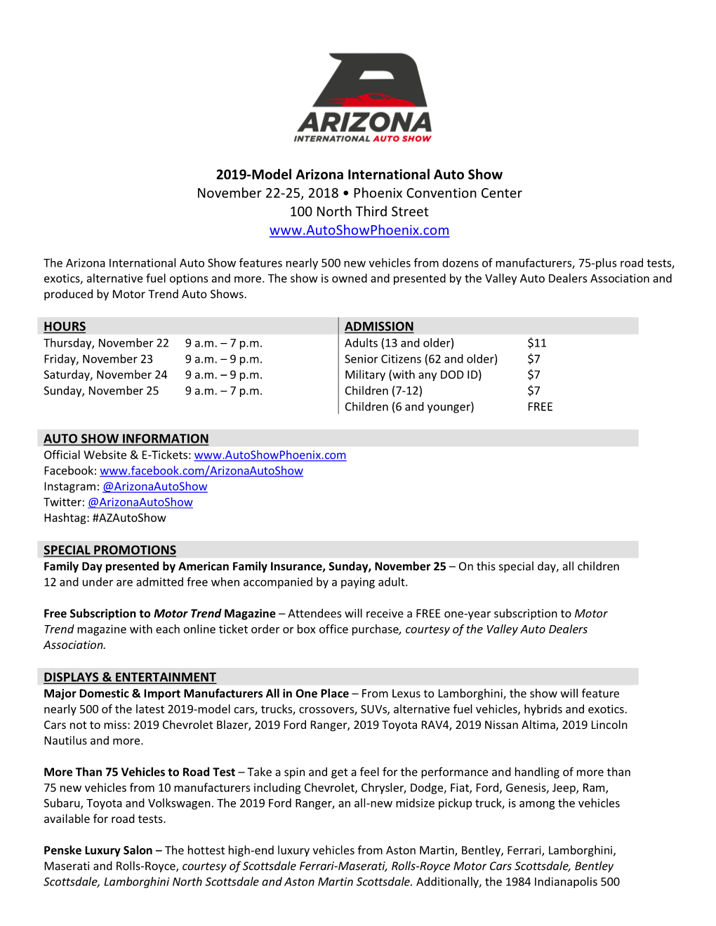 2019-‐Model Arizona International Auto Show November 22-‐25, 2018 • Phoenix Convention Center