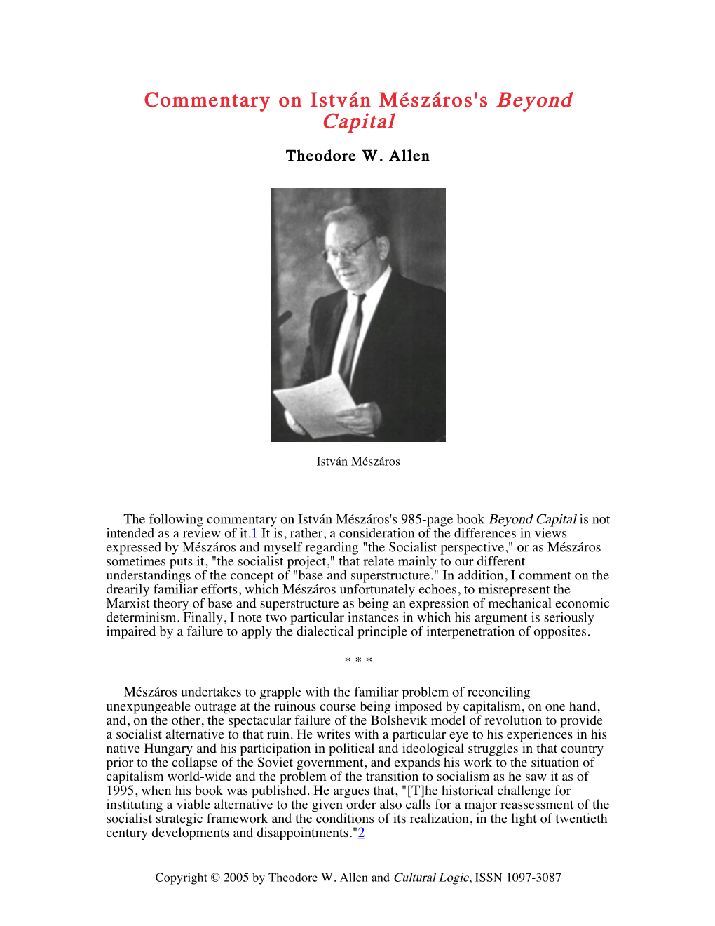 Commentary on István Mészáros's Beyond Capital