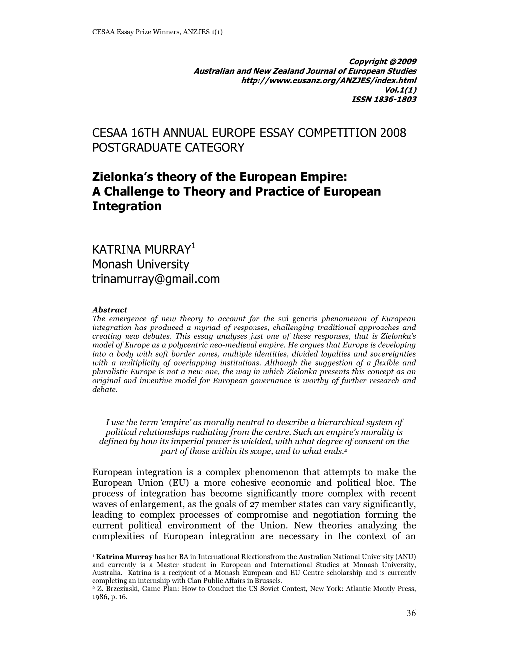 Cesaa 16Th Annual Europe Essay Competition 2008 Postgraduate Category