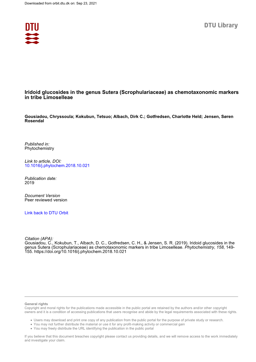 Iridoid Glucosides in the Genus Sutera (Scrophulariaceae) As Chemotaxonomic Markers in Tribe Limoselleae