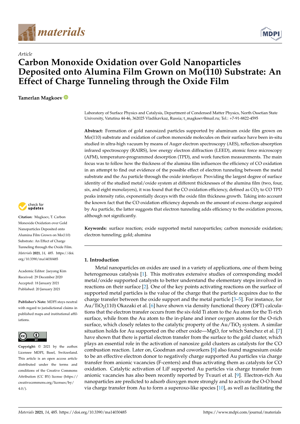 Carbon Monoxide Oxidation Over Gold Nanoparticles Deposited Onto Alumina Film Grown on Mo(110) Substrate: an Effect of Charge Tunneling Through the Oxide Film