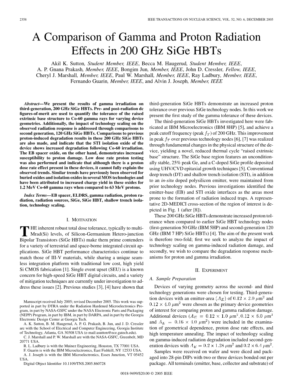 A Comparison of Gamma and Proton Radiation Effects in 200 Ghz Sige Hbts Akil K