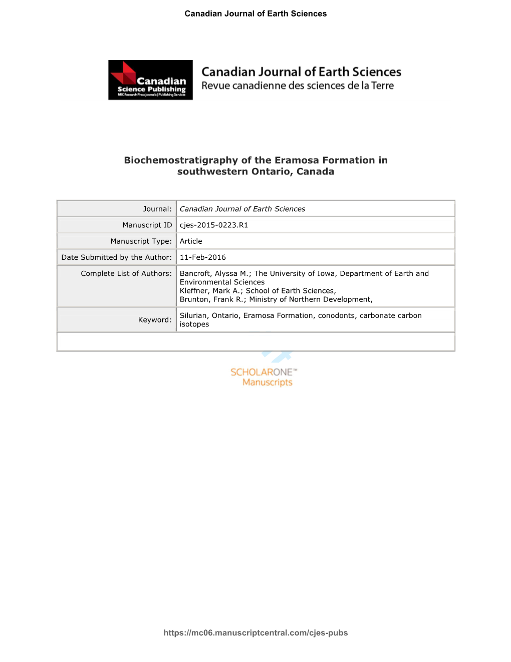 Biochemostratigraphy of the Eramosa Formation in Southwestern Ontario, Canada