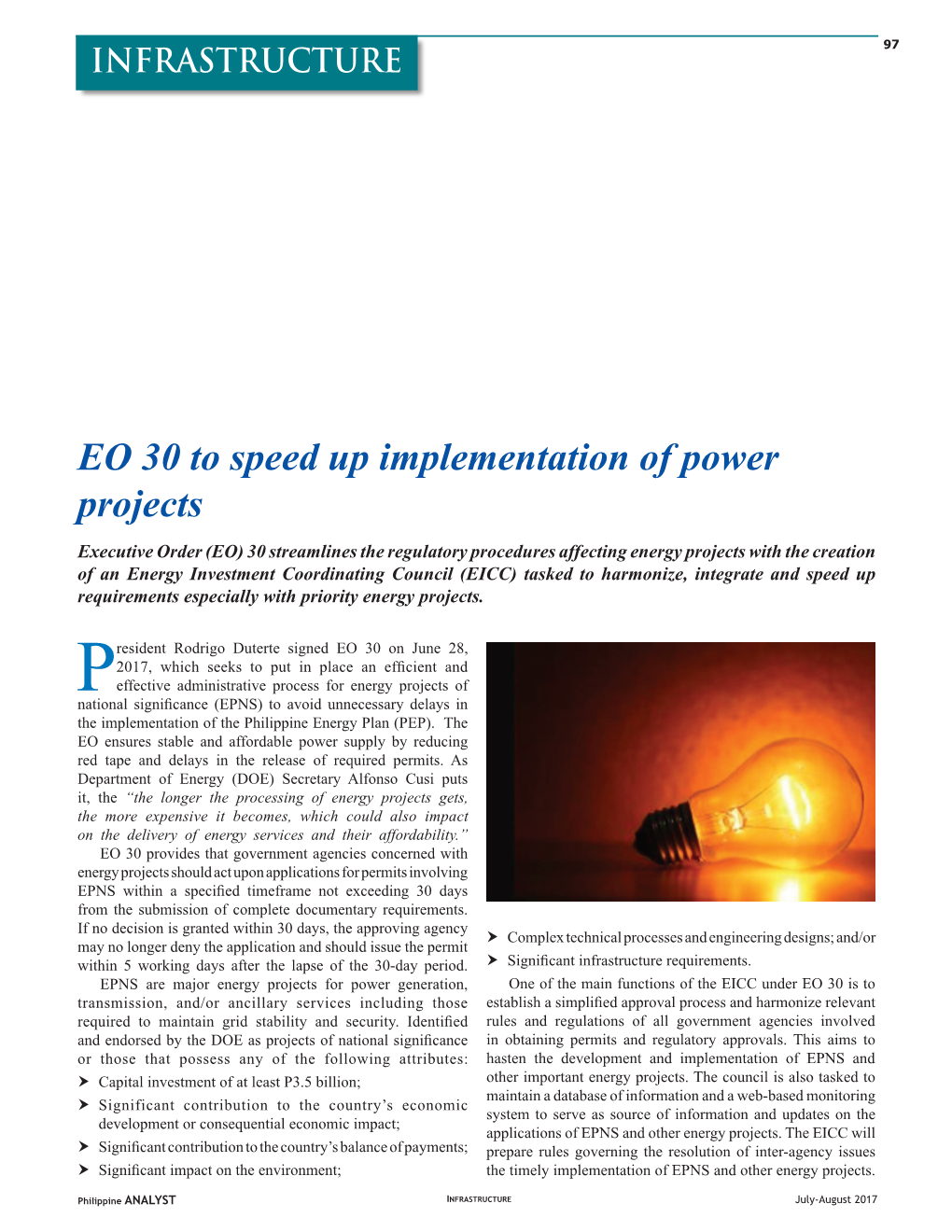 EO 30 to Speed up Implementation of Power Projects
