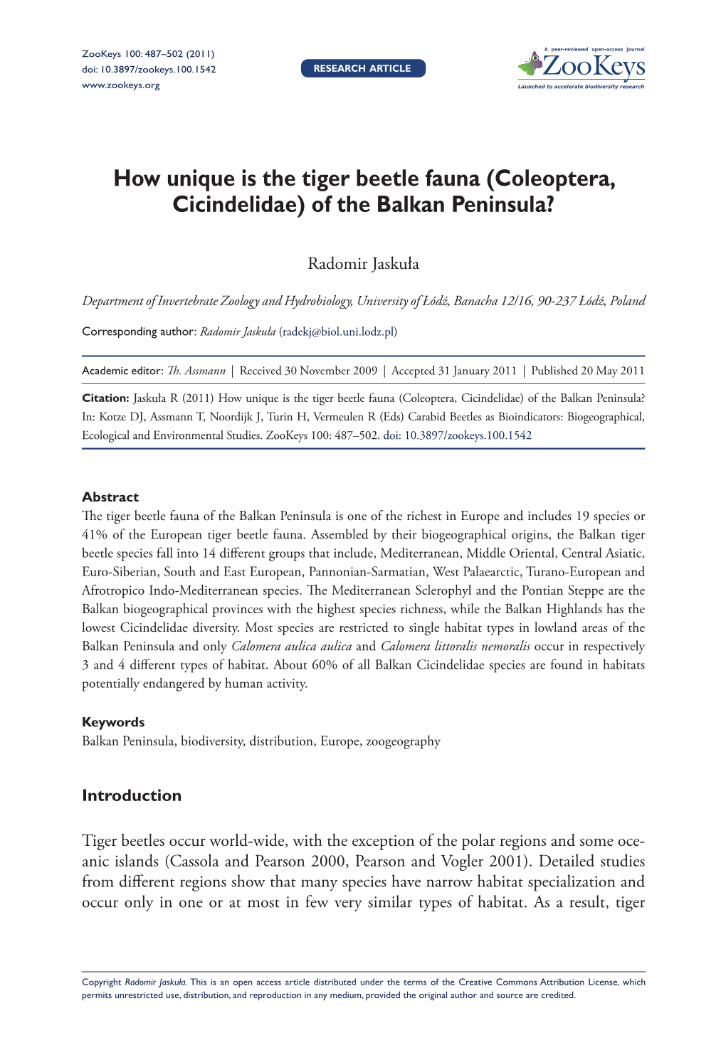 How Unique Is the Tiger Beetle Fauna (Coleoptera, Cicindelidae) of the Balkan Peninsula?