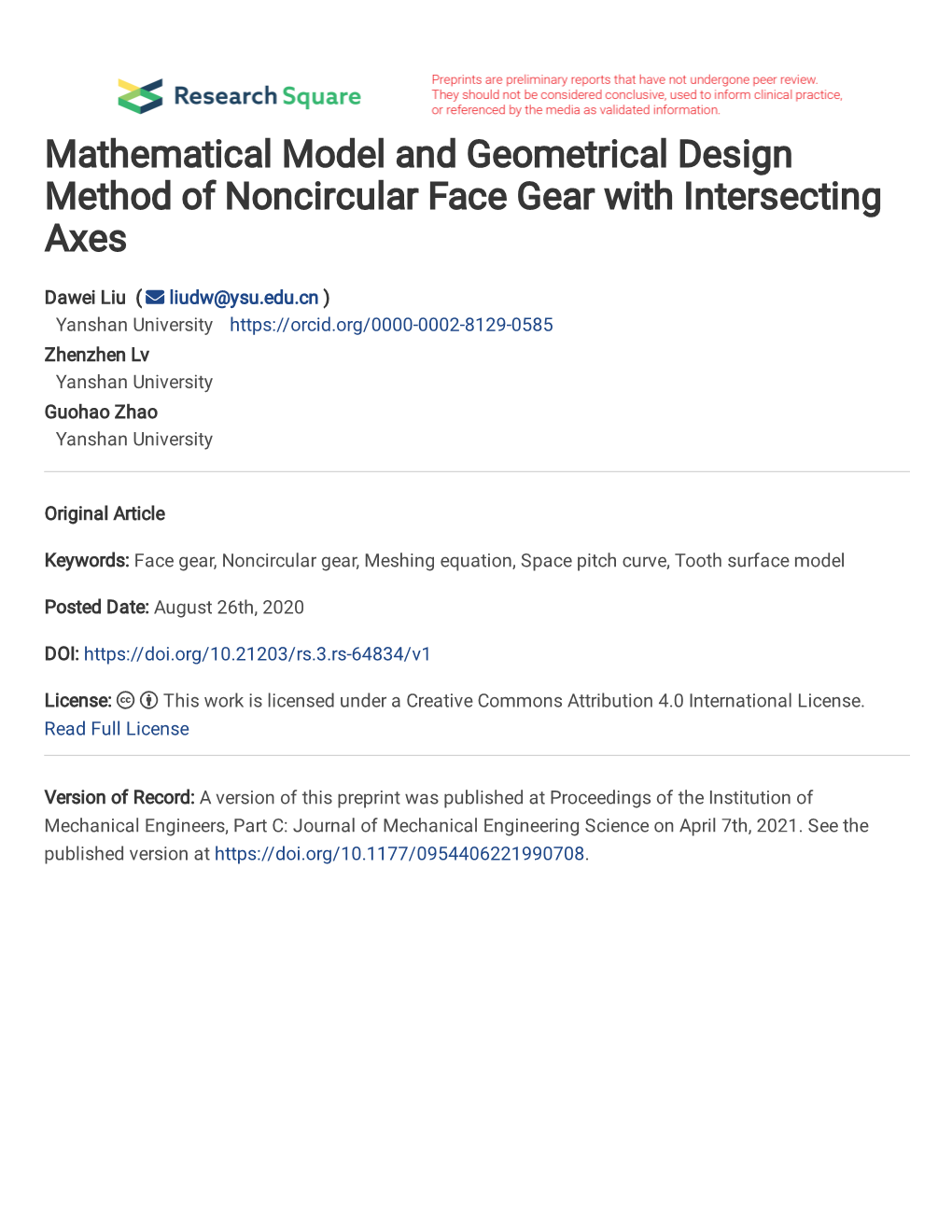 Mathematical Model and Geometrical Design Method of Noncircular Face Gear with Intersecting Axes