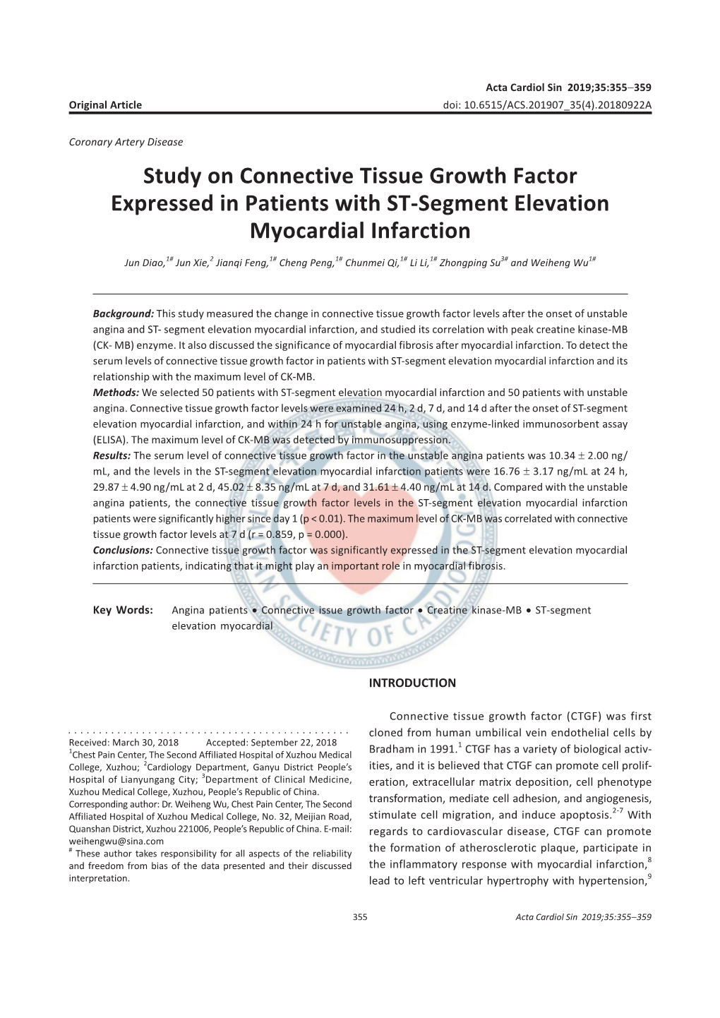 Study on Connective Tissue Growth Factor Expressed in Patients with ST-Segment Elevation Myocardial Infarction
