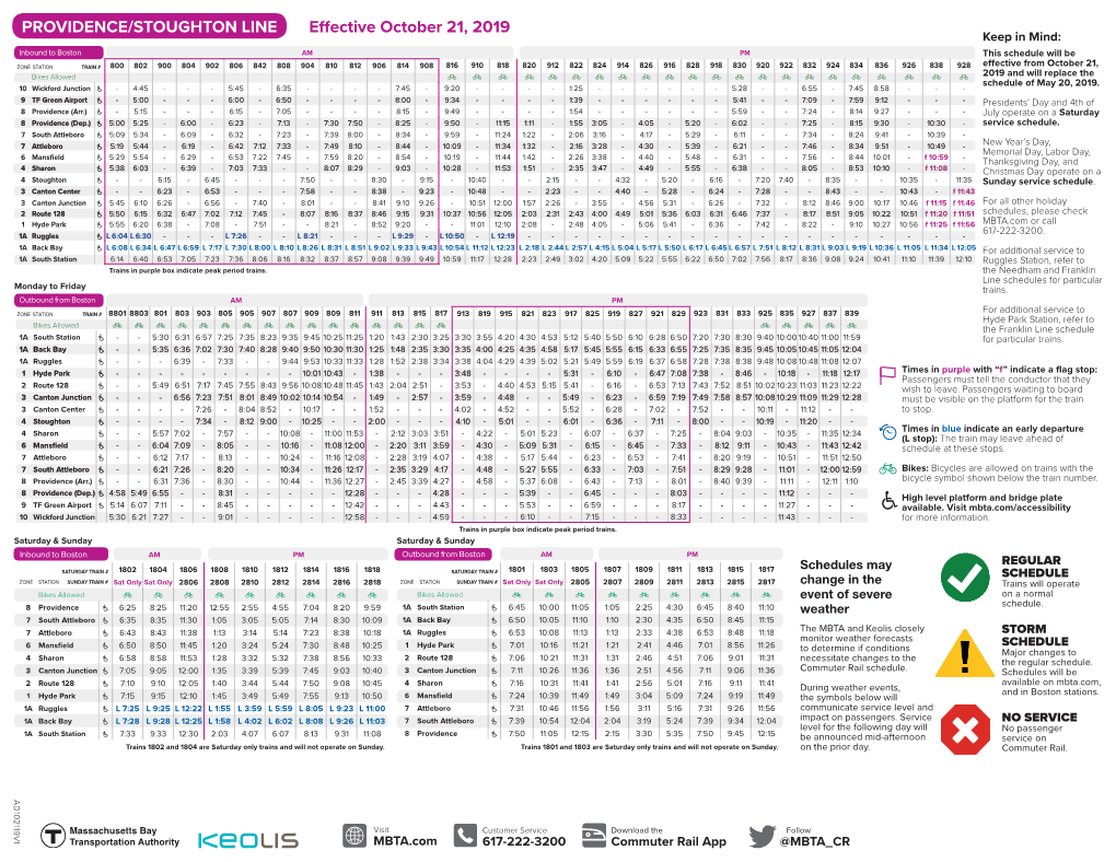 PROVIDENCE/STOUGHTON Lineeffective October 21, 2019