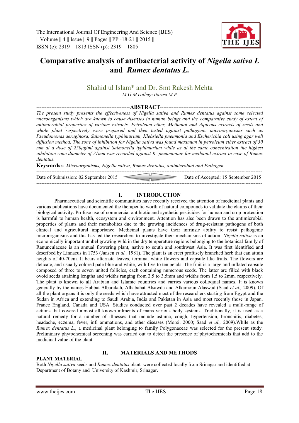 Comparative Analysis of Antibacterial Activity of Nigella Sativa L and Rumex Dentatus L