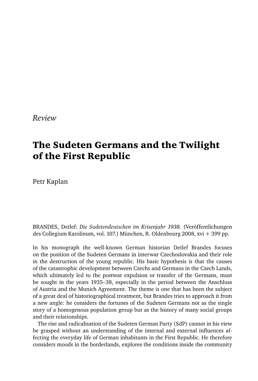 The Sudeten Germans and the Twilight of the First Republic