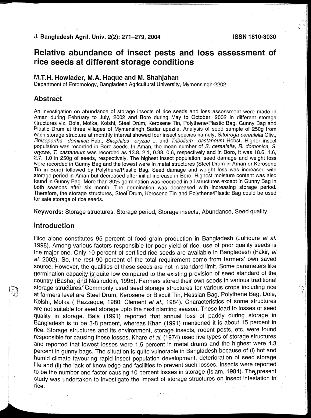 Relative Abundance of Insect Pests and Loss Assessment of Rice Seeds at Different Storage Conditions