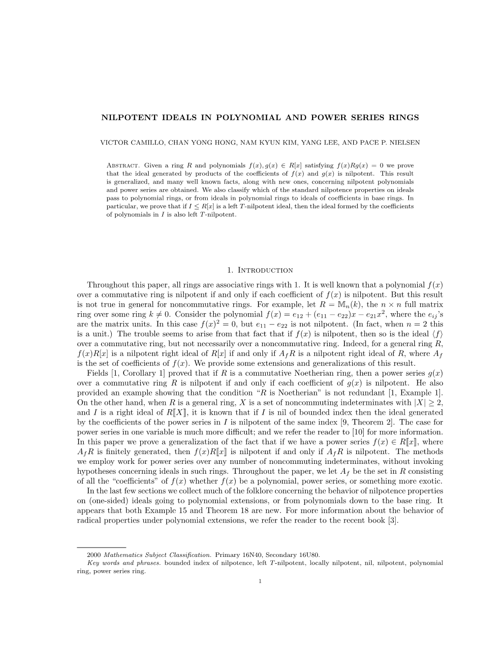 Nilpotent Ideals in Polynomial and Power Series Rings