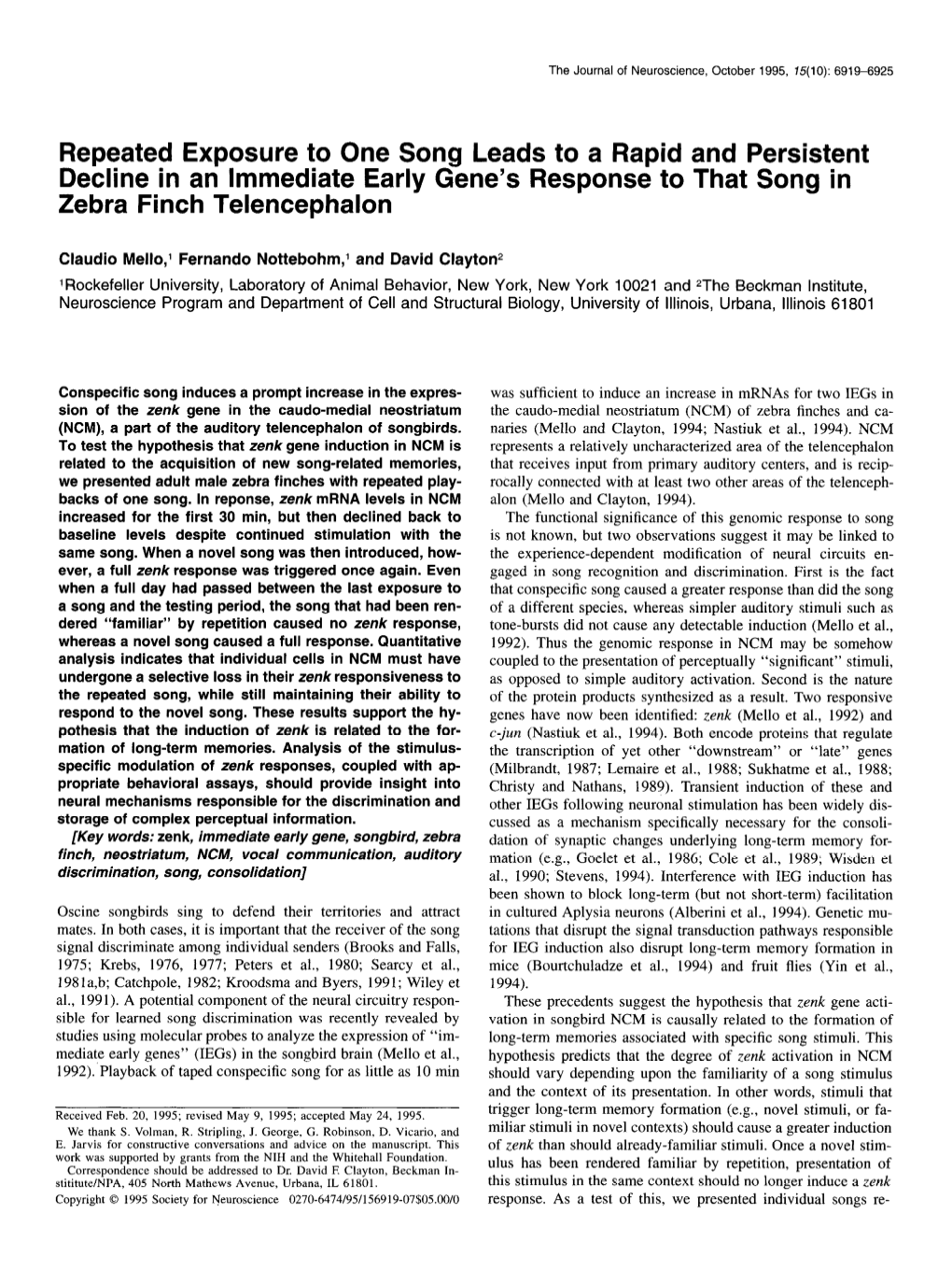 Repeated Exposure to One Song Leads to a Rapid and Persistent Decline in an Immediate Early Gene’S Response to That Song in Zebra Finch Telencephalon