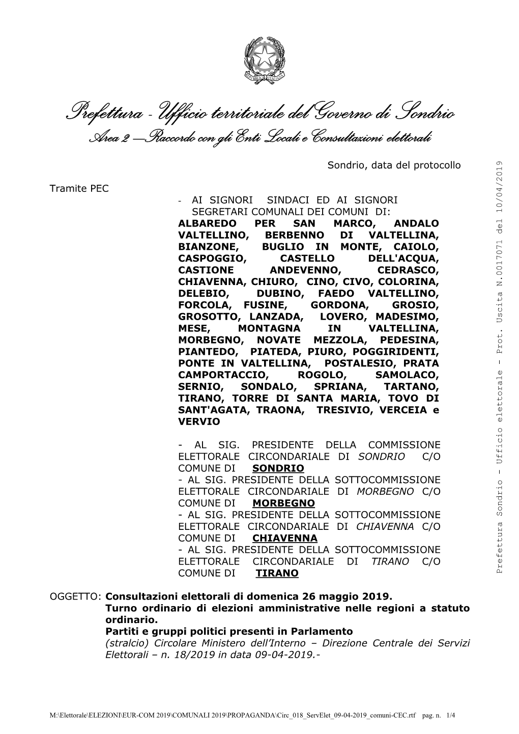 Prefettura - Ufficio Territoriale Del Governo Di Sondrio Area 2 –Raccordo Con Gli Enti Locali E Consultazioni Elettorali