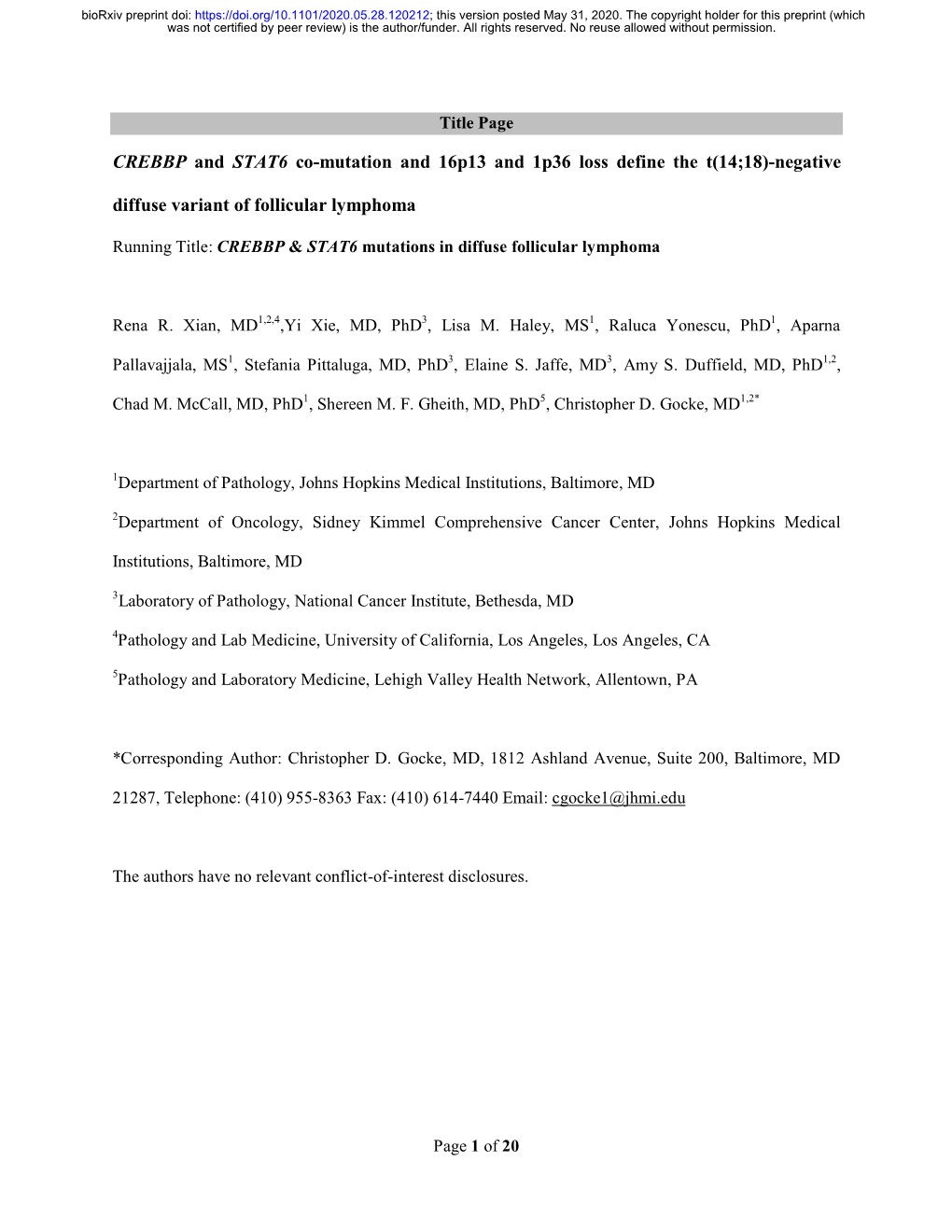 CREBBP and STAT6 Co-Mutation and 16P13 and 1P36 Loss Define the T(14;18)-Negative