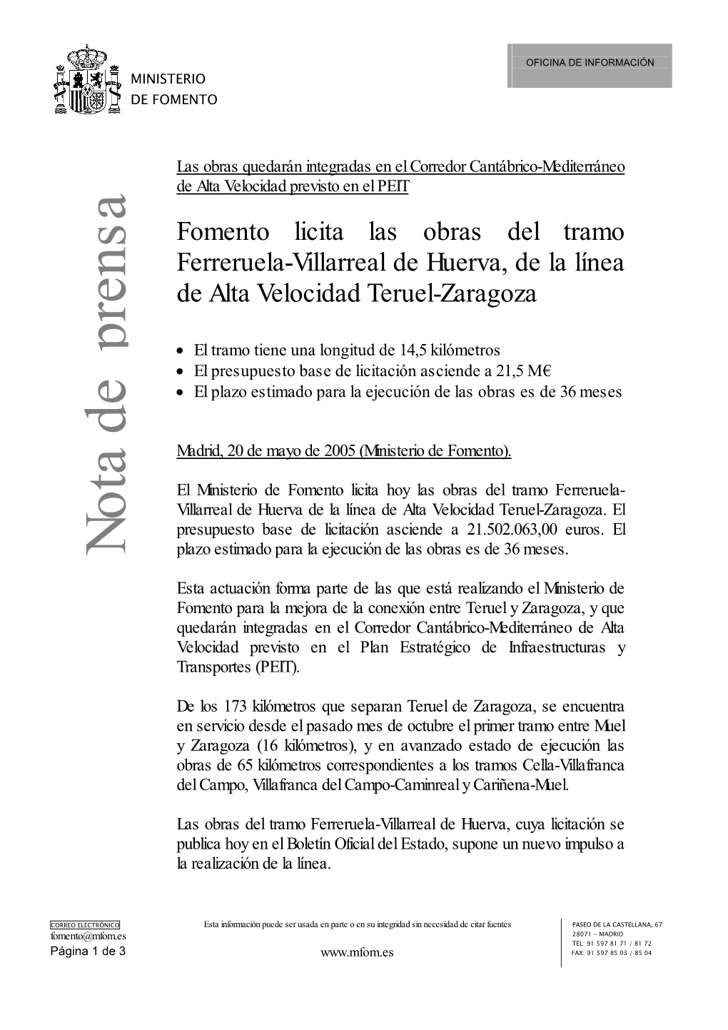 Fomento Licita Las Obras Del Tramo Ferreruela-Villarreal De Huerva, De La Línea De Alta Velocidad Teruel-Zaragoza Rensa