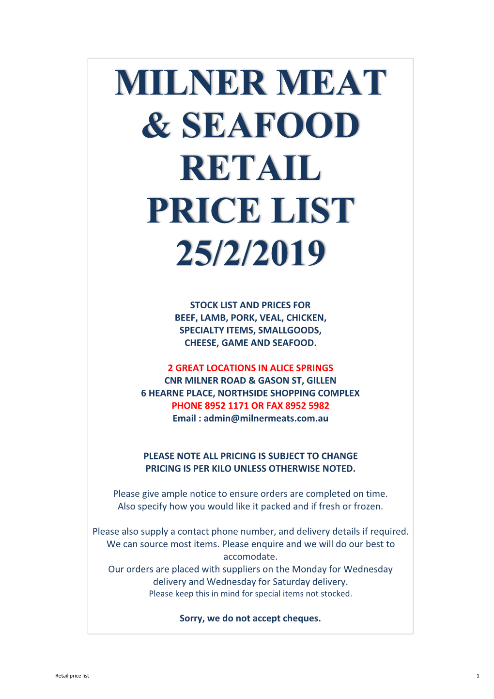 Milner Meat & Seafood Retail Price List 25/2/2019