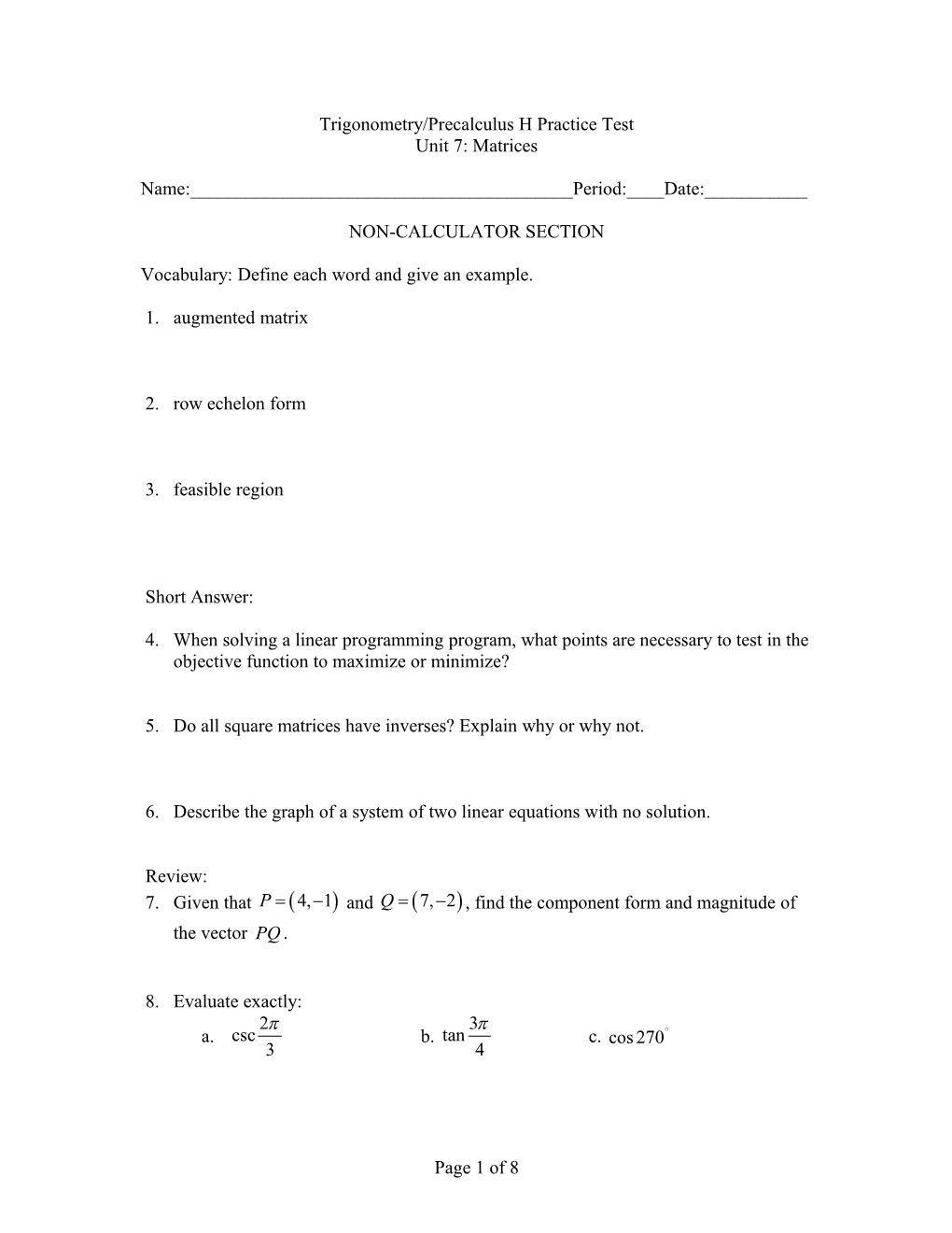 Precalculus H Practice Test Chapter P s1