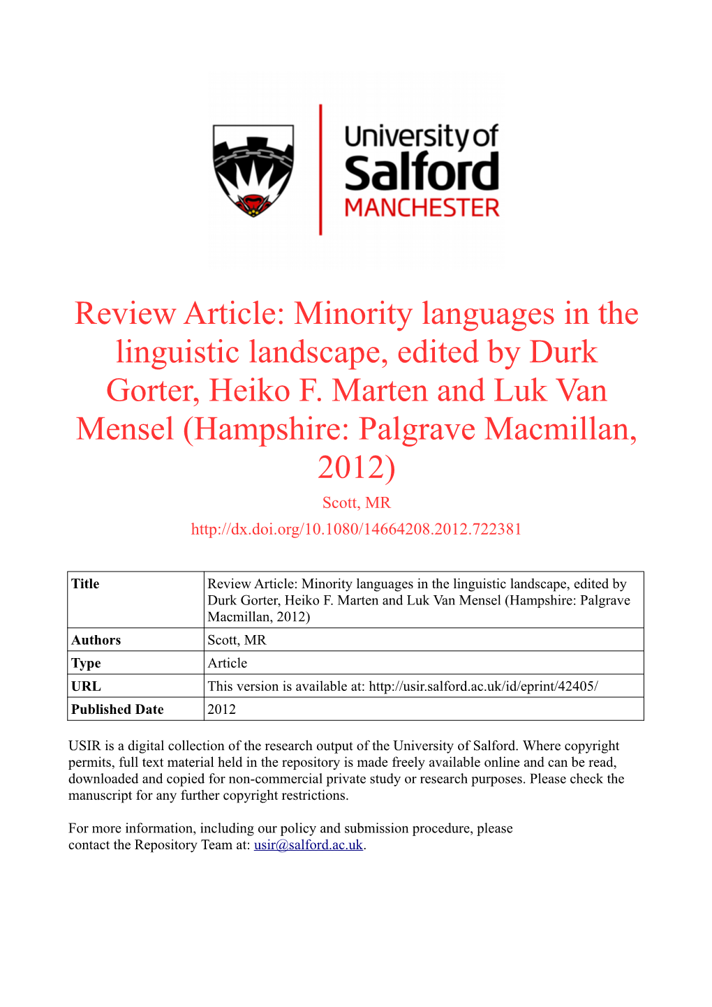 Review Article: Minority Languages in the Linguistic Landscape, Edited by Durk Gorter, Heiko F