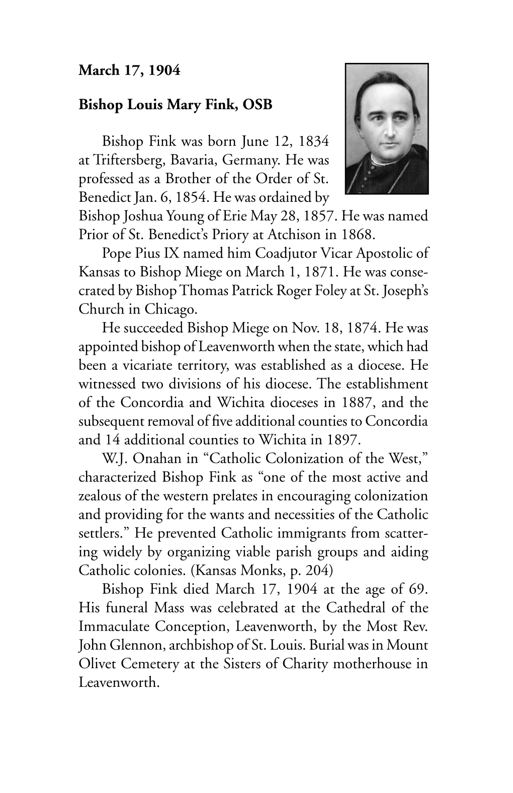 March 17, 1904 Bishop Louis Mary Fink, OSB Bishop Fink Was Born