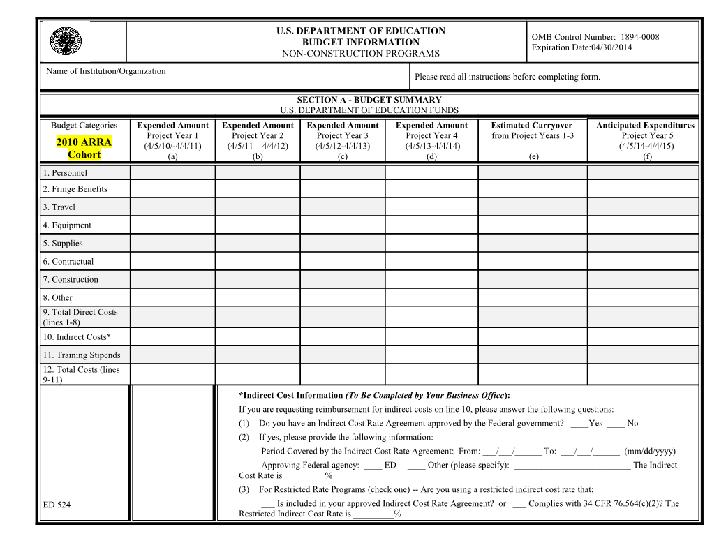 ED 524 Form and Instructions - Budget Information, Non-Construction Programs (MS Word)