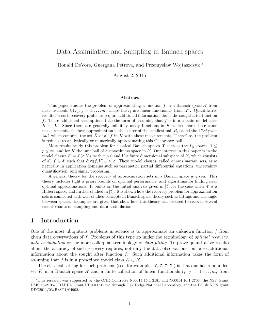 Data Assimilation and Sampling in Banach Spaces