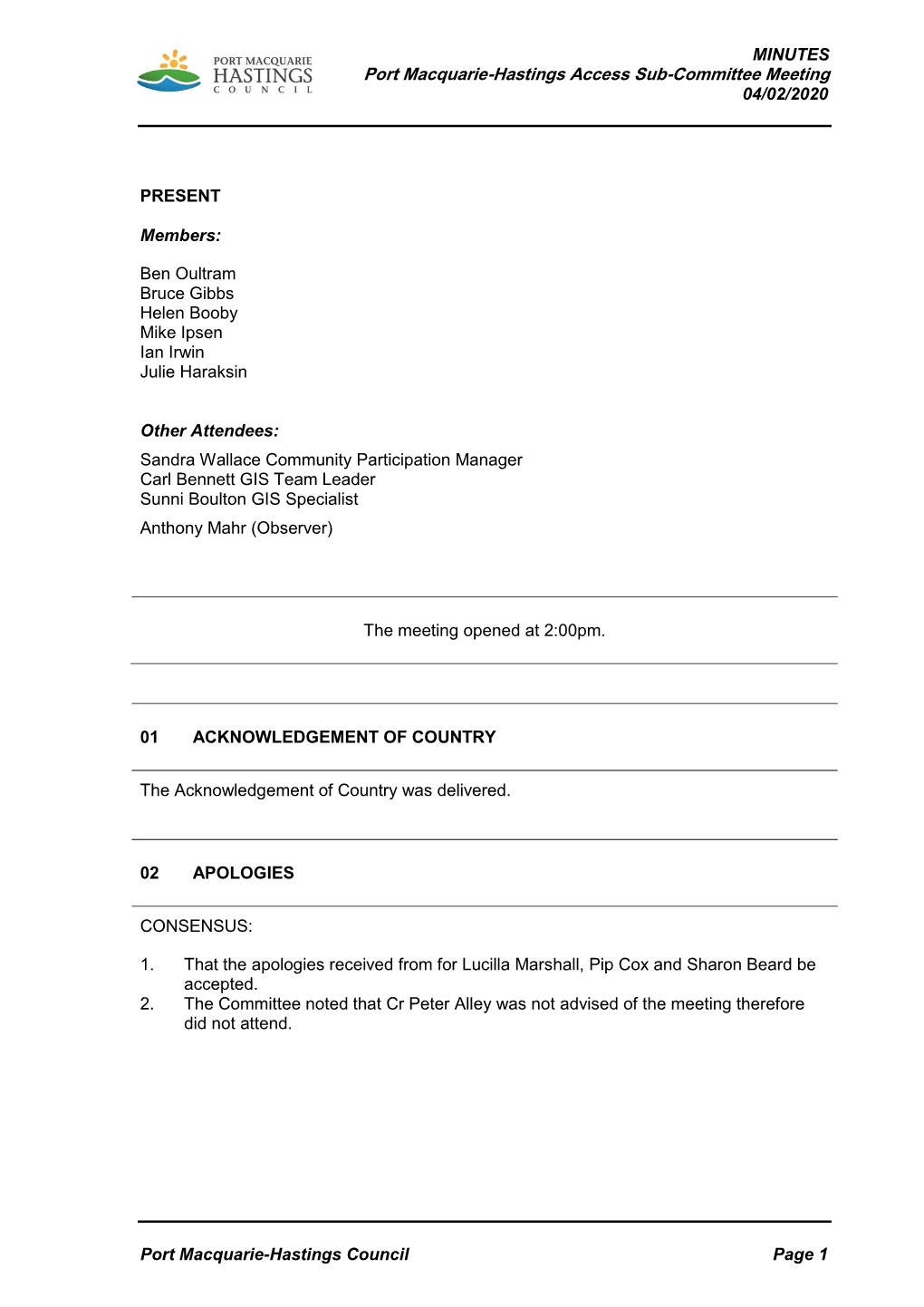 Minutes of Port Macquarie-Hastings Access Sub-Committee