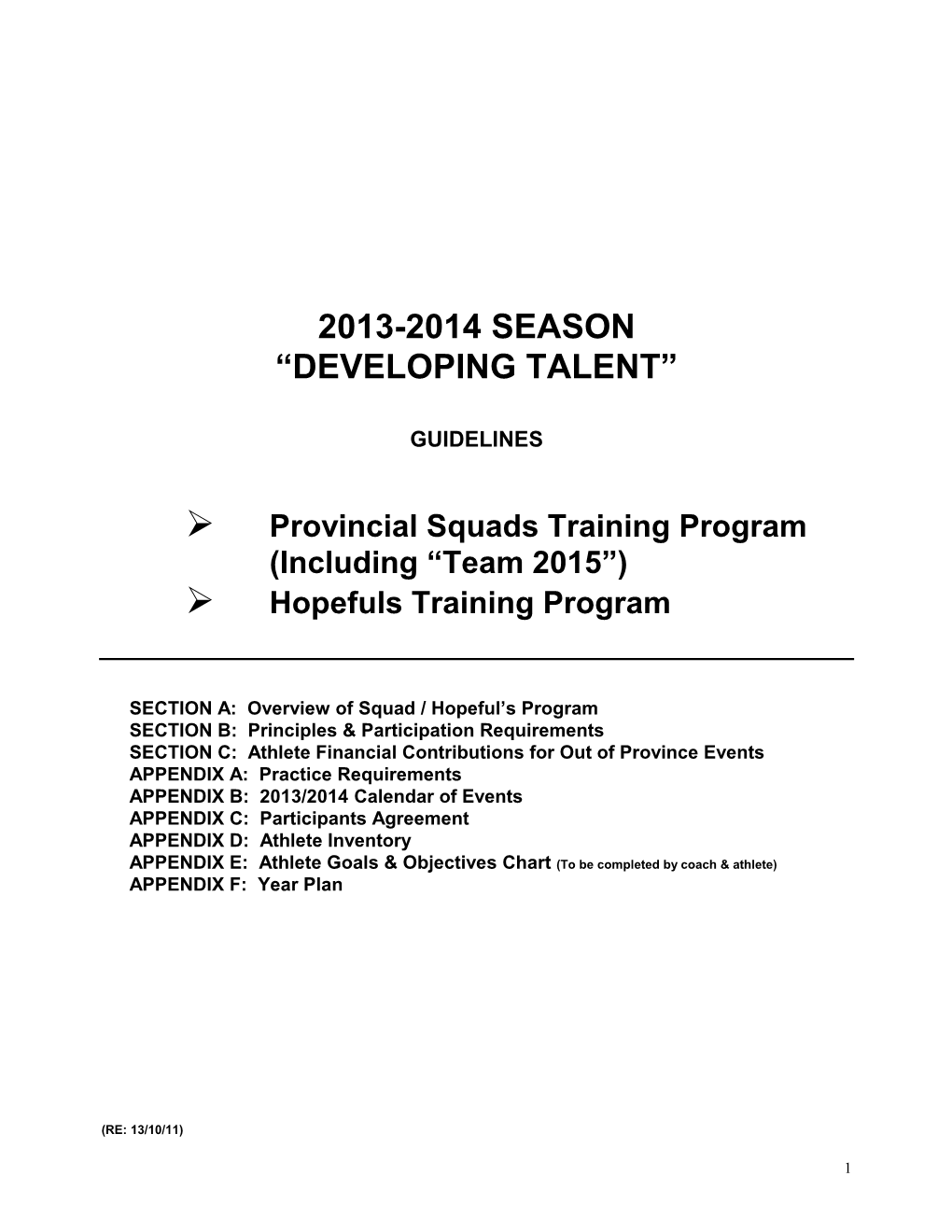 1998/1999 Provincial Squads Training Program