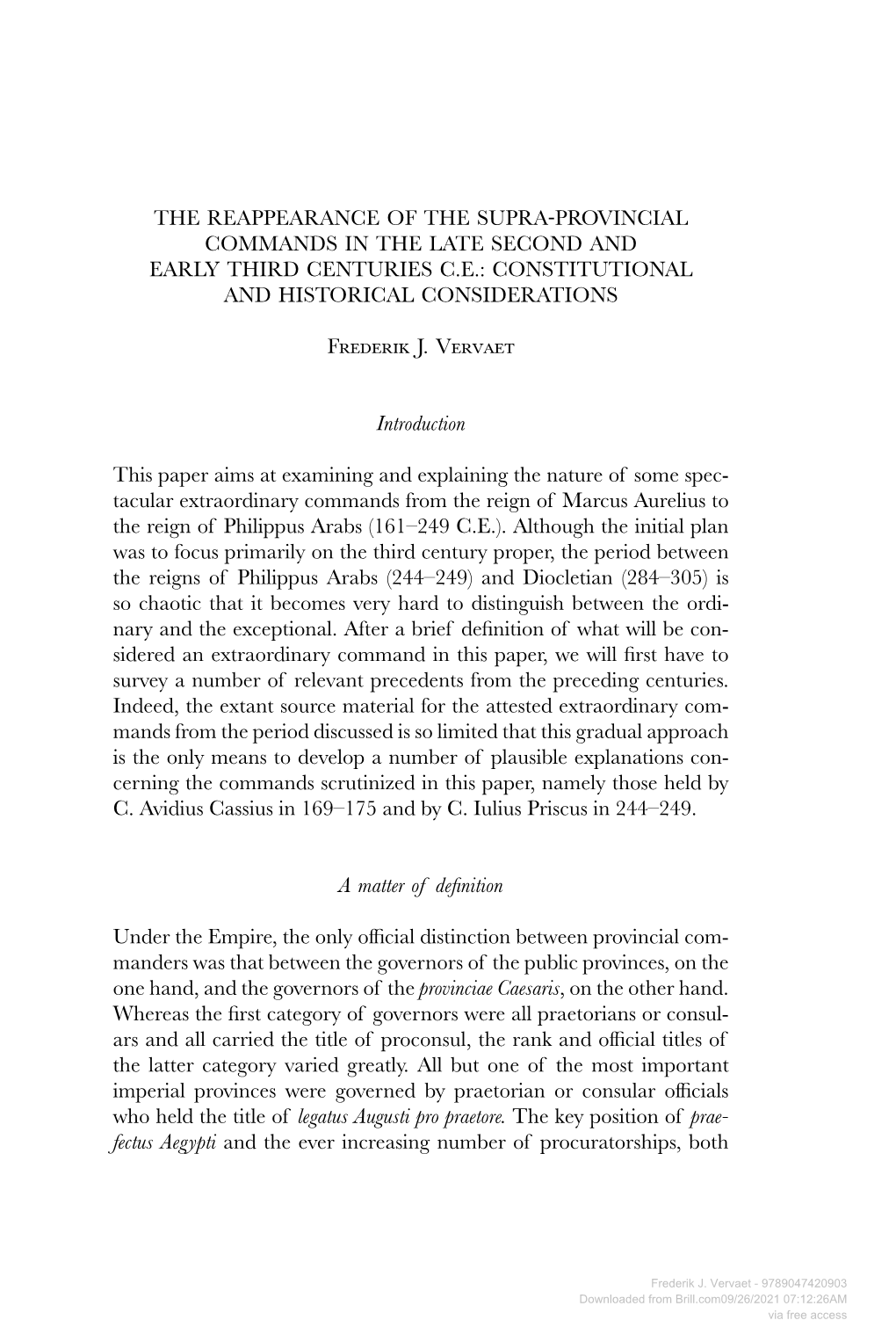 The Reappearance of the Supra-Provincial Commands in the Late Second and Early Third Centuries C.E.: Constitutional and Historical Considerations