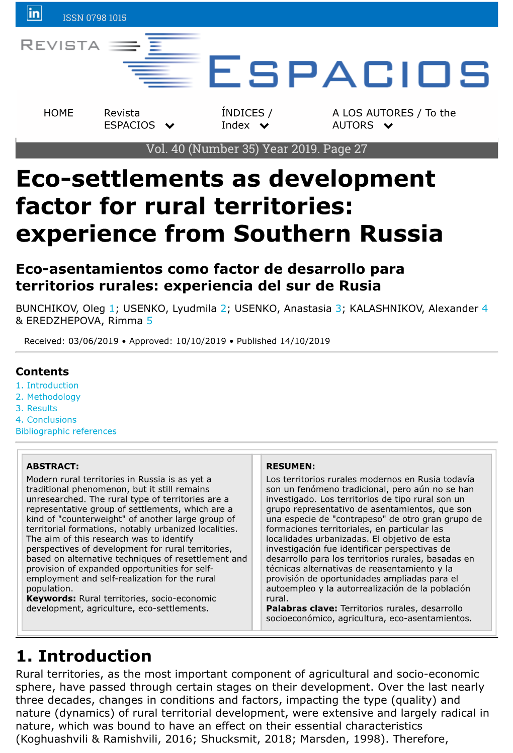 Eco-Settlements As Development Factor for Rural Territories: Experience from Southern Russia