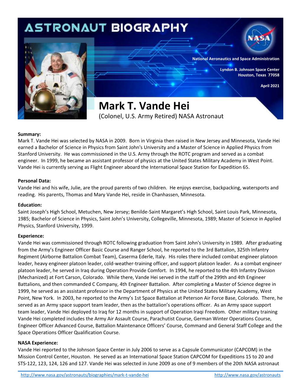 Mark T. Vande Hei (Colonel, U.S