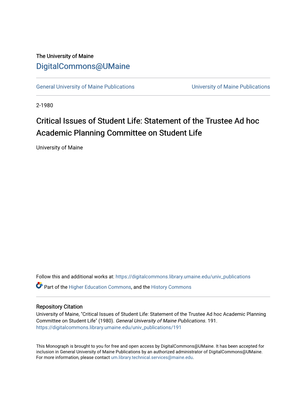 Statement of the Trustee Ad Hoc Academic Planning Committee on Student Life