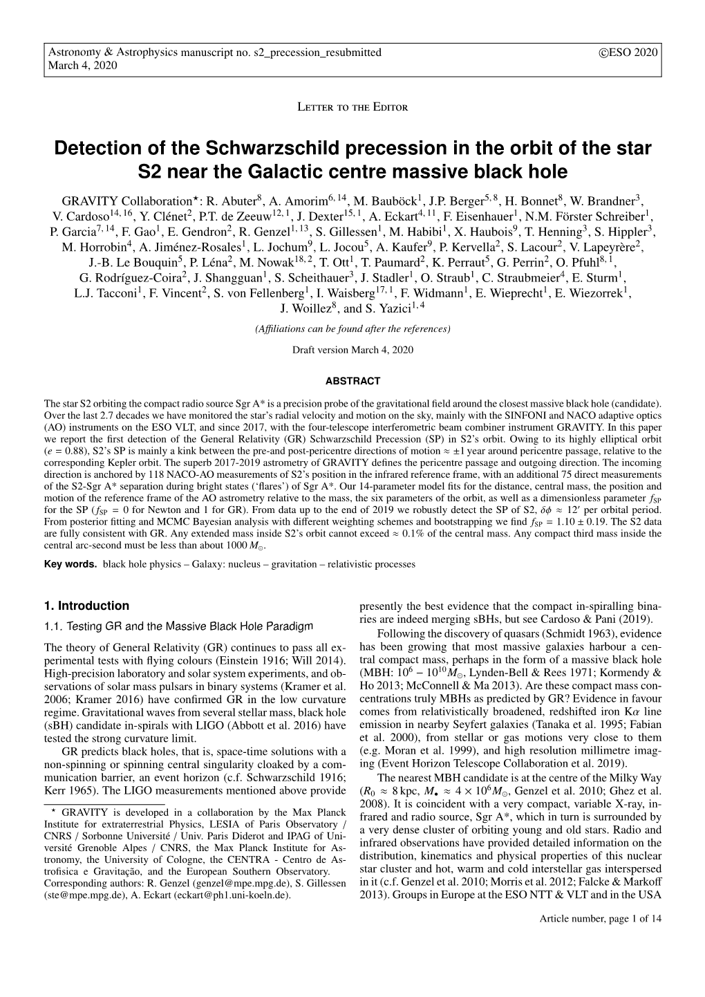 Detection of the Schwarzschild Precession in the Orbit of the Star S2 Near the Galactic Centre Massive Black Hole GRAVITY Collaboration?: R